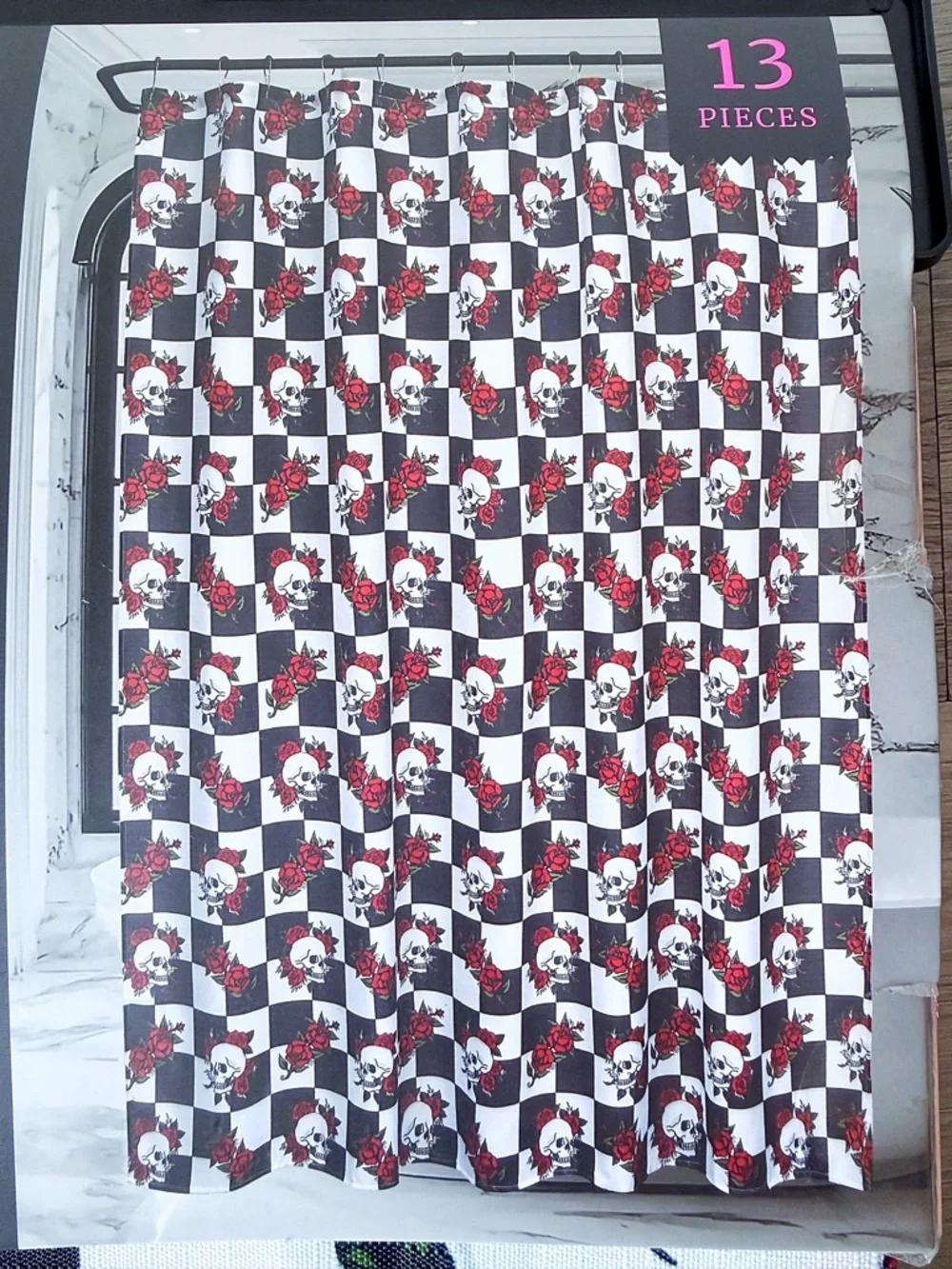 ED HARDY Shower Curtain with Hooks - Black & White Checker with Roses and Skulls